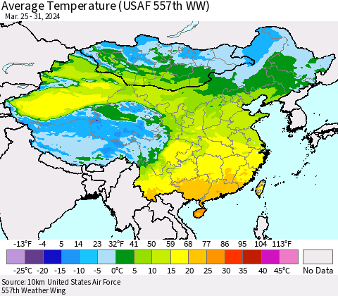 China, Mongolia and Taiwan Average Temperature (USAF 557th WW) Thematic Map For 3/25/2024 - 3/31/2024