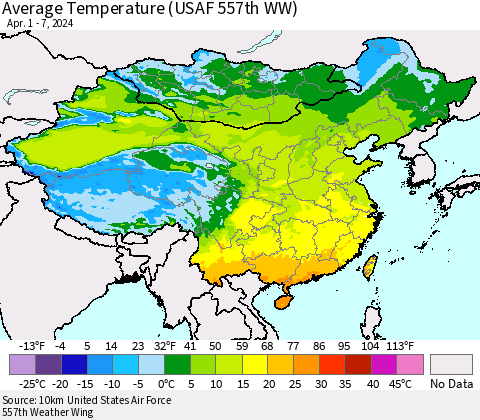China, Mongolia and Taiwan Average Temperature (USAF 557th WW) Thematic Map For 4/1/2024 - 4/7/2024