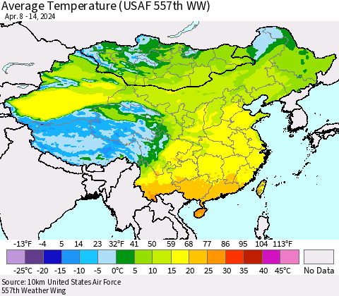 China, Mongolia and Taiwan Average Temperature (USAF 557th WW) Thematic Map For 4/8/2024 - 4/14/2024