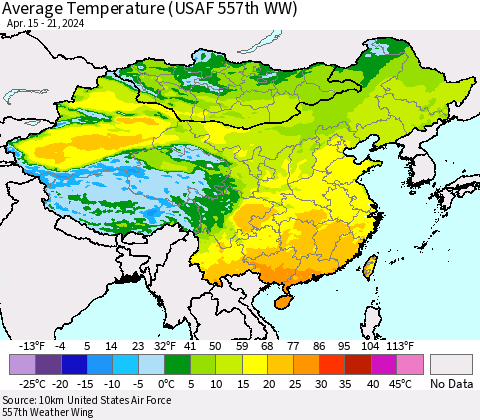 China, Mongolia and Taiwan Average Temperature (USAF 557th WW) Thematic Map For 4/15/2024 - 4/21/2024