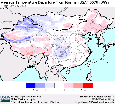China and Taiwan Average Temperature Departure from Normal (USAF 557th WW) Thematic Map For 9/10/2018 - 9/16/2018