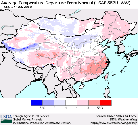 China, Mongolia and Taiwan Average Temperature Departure from Normal (USAF 557th WW) Thematic Map For 9/17/2018 - 9/23/2018