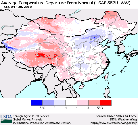 China and Taiwan Average Temperature Departure from Normal (USAF 557th WW) Thematic Map For 9/24/2018 - 9/30/2018