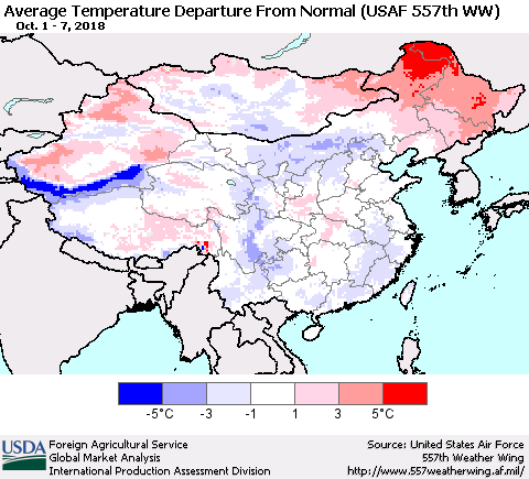 China, Mongolia and Taiwan Average Temperature Departure from Normal (USAF 557th WW) Thematic Map For 10/1/2018 - 10/7/2018
