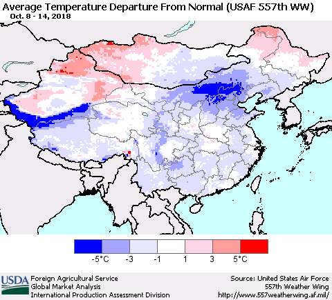 China and Taiwan Average Temperature Departure from Normal (USAF 557th WW) Thematic Map For 10/8/2018 - 10/14/2018