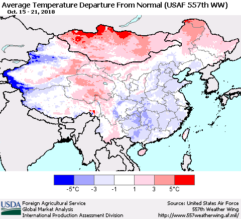 China and Taiwan Average Temperature Departure from Normal (USAF 557th WW) Thematic Map For 10/15/2018 - 10/21/2018