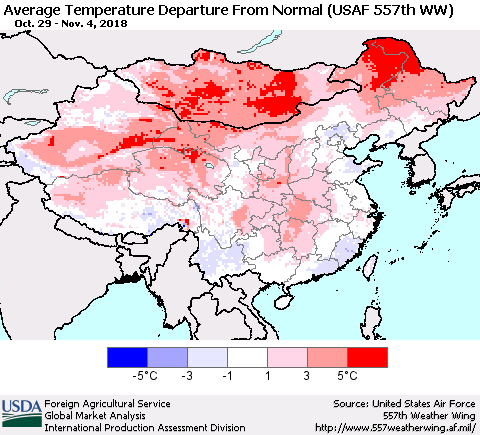 China, Mongolia and Taiwan Average Temperature Departure from Normal (USAF 557th WW) Thematic Map For 10/29/2018 - 11/4/2018