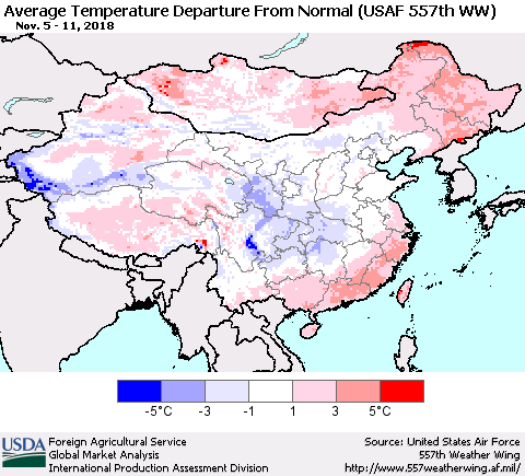 China and Taiwan Average Temperature Departure from Normal (USAF 557th WW) Thematic Map For 11/5/2018 - 11/11/2018