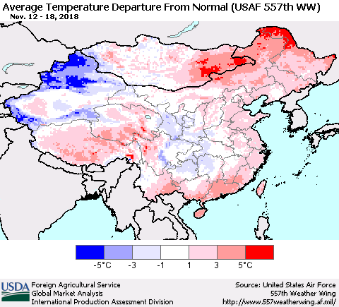 China and Taiwan Average Temperature Departure from Normal (USAF 557th WW) Thematic Map For 11/12/2018 - 11/18/2018