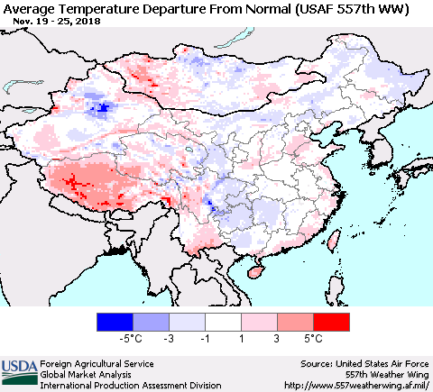 China and Taiwan Average Temperature Departure from Normal (USAF 557th WW) Thematic Map For 11/19/2018 - 11/25/2018