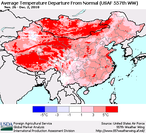 China and Taiwan Average Temperature Departure from Normal (USAF 557th WW) Thematic Map For 11/26/2018 - 12/2/2018