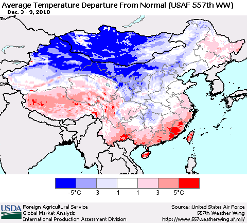 China, Mongolia and Taiwan Average Temperature Departure from Normal (USAF 557th WW) Thematic Map For 12/3/2018 - 12/9/2018