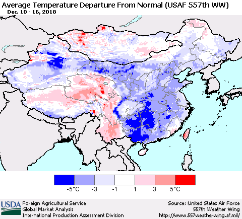 China and Taiwan Average Temperature Departure from Normal (USAF 557th WW) Thematic Map For 12/10/2018 - 12/16/2018