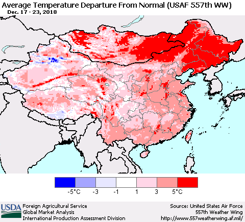 China and Taiwan Average Temperature Departure from Normal (USAF 557th WW) Thematic Map For 12/17/2018 - 12/23/2018