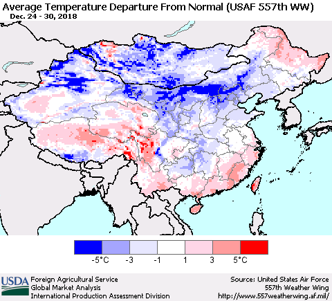 China and Taiwan Average Temperature Departure from Normal (USAF 557th WW) Thematic Map For 12/24/2018 - 12/30/2018