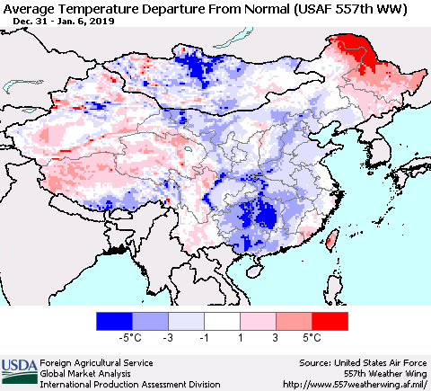 China and Taiwan Average Temperature Departure from Normal (USAF 557th WW) Thematic Map For 12/31/2018 - 1/6/2019