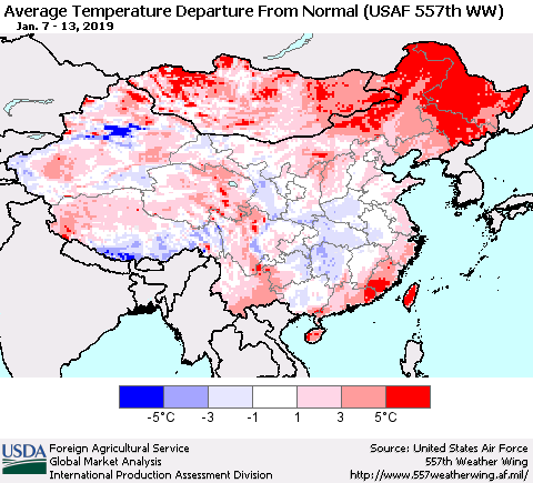 China and Taiwan Average Temperature Departure from Normal (USAF 557th WW) Thematic Map For 1/7/2019 - 1/13/2019
