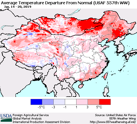 China and Taiwan Average Temperature Departure from Normal (USAF 557th WW) Thematic Map For 1/14/2019 - 1/20/2019