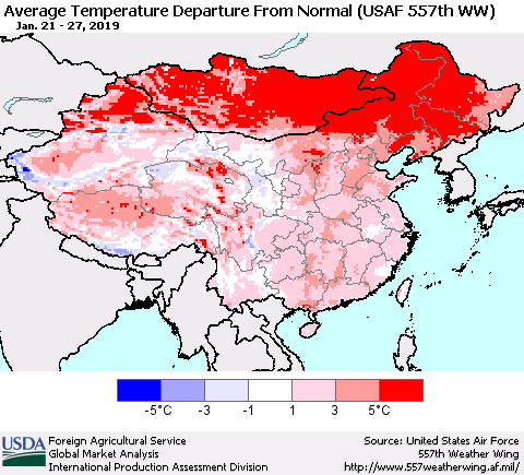 China and Taiwan Average Temperature Departure from Normal (USAF 557th WW) Thematic Map For 1/21/2019 - 1/27/2019