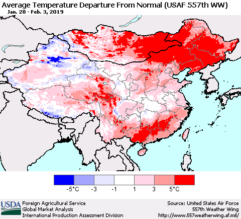 China and Taiwan Average Temperature Departure from Normal (USAF 557th WW) Thematic Map For 1/28/2019 - 2/3/2019