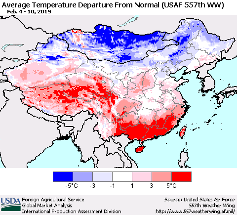 China and Taiwan Average Temperature Departure from Normal (USAF 557th WW) Thematic Map For 2/4/2019 - 2/10/2019