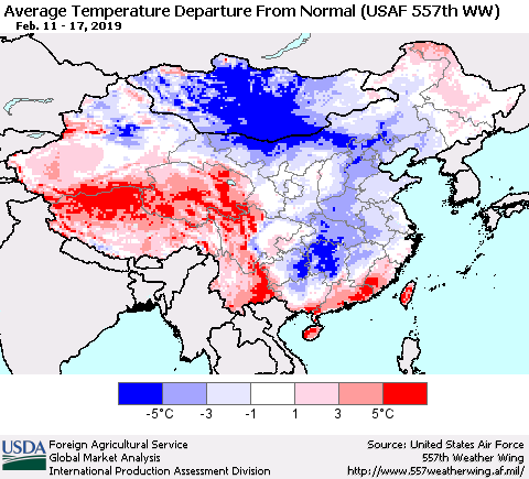 China and Taiwan Average Temperature Departure from Normal (USAF 557th WW) Thematic Map For 2/11/2019 - 2/17/2019