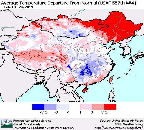 China, Mongolia and Taiwan Average Temperature Departure from Normal (USAF 557th WW) Thematic Map For 2/18/2019 - 2/24/2019