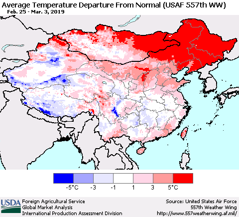 China and Taiwan Average Temperature Departure from Normal (USAF 557th WW) Thematic Map For 2/25/2019 - 3/3/2019