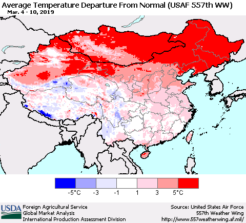 China, Mongolia and Taiwan Average Temperature Departure from Normal (USAF 557th WW) Thematic Map For 3/4/2019 - 3/10/2019