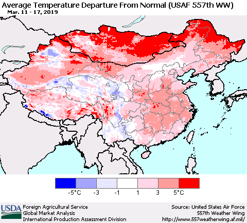 China and Taiwan Average Temperature Departure From Normal (USAF 557th WW) Thematic Map For 3/11/2019 - 3/17/2019
