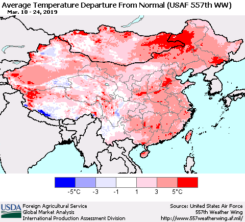 China and Taiwan Average Temperature Departure From Normal (USAF 557th WW) Thematic Map For 3/18/2019 - 3/24/2019