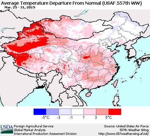 China and Taiwan Average Temperature Departure from Normal (USAF 557th WW) Thematic Map For 3/25/2019 - 3/31/2019