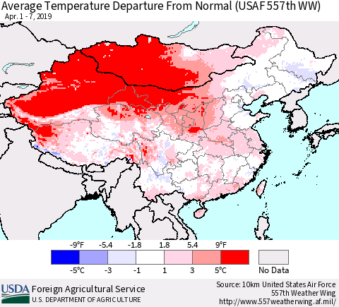 China and Taiwan Average Temperature Departure from Normal (USAF 557th WW) Thematic Map For 4/1/2019 - 4/7/2019