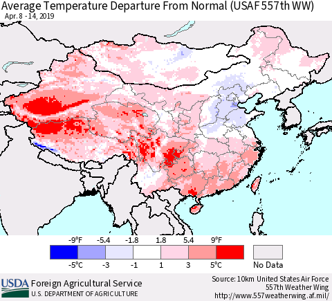 China, Mongolia and Taiwan Average Temperature Departure from Normal (USAF 557th WW) Thematic Map For 4/8/2019 - 4/14/2019
