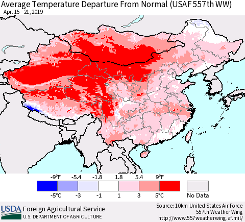 China and Taiwan Average Temperature Departure from Normal (USAF 557th WW) Thematic Map For 4/15/2019 - 4/21/2019