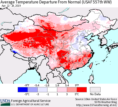 China and Taiwan Average Temperature Departure from Normal (USAF 557th WW) Thematic Map For 4/22/2019 - 4/28/2019