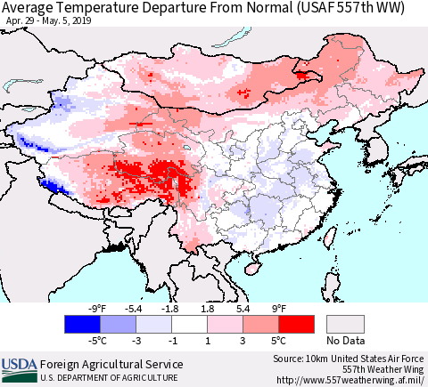 China, Mongolia and Taiwan Average Temperature Departure from Normal (USAF 557th WW) Thematic Map For 4/29/2019 - 5/5/2019