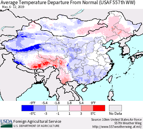 China and Taiwan Average Temperature Departure from Normal (USAF 557th WW) Thematic Map For 5/6/2019 - 5/12/2019