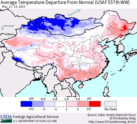 China and Taiwan Average Temperature Departure from Normal (USAF 557th WW) Thematic Map For 5/13/2019 - 5/19/2019
