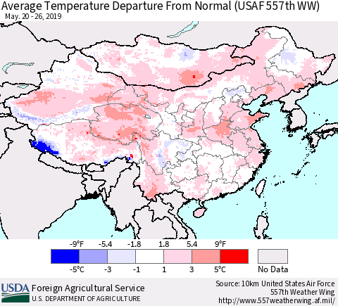 China and Taiwan Average Temperature Departure from Normal (USAF 557th WW) Thematic Map For 5/20/2019 - 5/26/2019