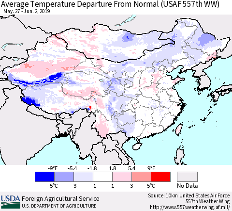 China and Taiwan Average Temperature Departure from Normal (USAF 557th WW) Thematic Map For 5/27/2019 - 6/2/2019