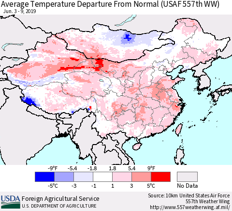 China and Taiwan Average Temperature Departure from Normal (USAF 557th WW) Thematic Map For 6/3/2019 - 6/9/2019