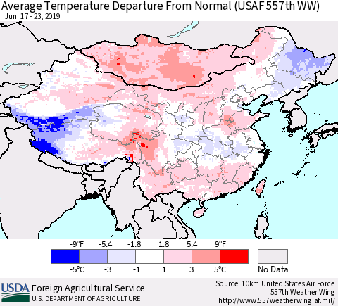 China, Mongolia and Taiwan Average Temperature Departure from Normal (USAF 557th WW) Thematic Map For 6/17/2019 - 6/23/2019