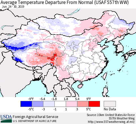China and Taiwan Average Temperature Departure from Normal (USAF 557th WW) Thematic Map For 6/24/2019 - 6/30/2019