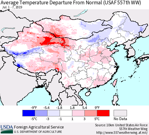 China and Taiwan Average Temperature Departure From Normal (USAF 557th WW) Thematic Map For 7/1/2019 - 7/7/2019