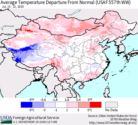 China and Taiwan Average Temperature Departure From Normal (USAF 557th WW) Thematic Map For 7/15/2019 - 7/21/2019