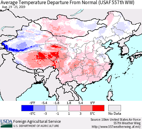 China and Taiwan Average Temperature Departure From Normal (USAF 557th WW) Thematic Map For 8/19/2019 - 8/25/2019