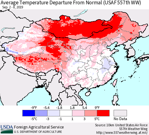 China and Taiwan Average Temperature Departure From Normal (USAF 557th WW) Thematic Map For 9/2/2019 - 9/8/2019