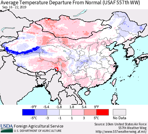 China and Taiwan Average Temperature Departure From Normal (USAF 557th WW) Thematic Map For 9/16/2019 - 9/22/2019