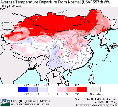 China and Taiwan Average Temperature Departure From Normal (USAF 557th WW) Thematic Map For 9/23/2019 - 9/29/2019